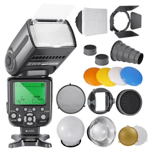 Neewer® nw-565 EXC E-TTL Slave Speedlite Kit für Canon Kameras, inklusive: (1) nw-565 C Flash, Zubehör Kit Torblende, Spotvorsatz, Wabe, Reflektor, Diffusor-Ball, Color Gel, Softbox, Mount Adapter-38